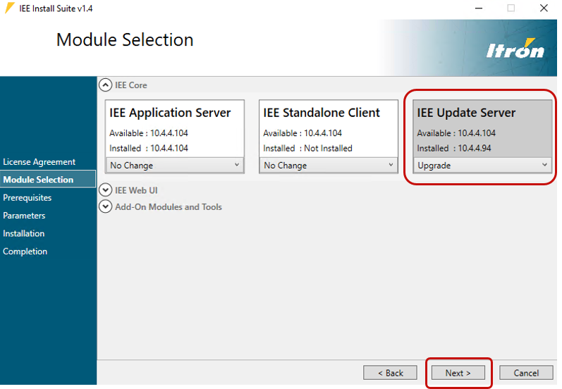 IEE Update Server on the Module Selection screen.
